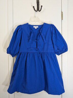 BAND OF THE FREE Lapis Blue Babydoll‎ Dress Bow Front Puffed Sleeve